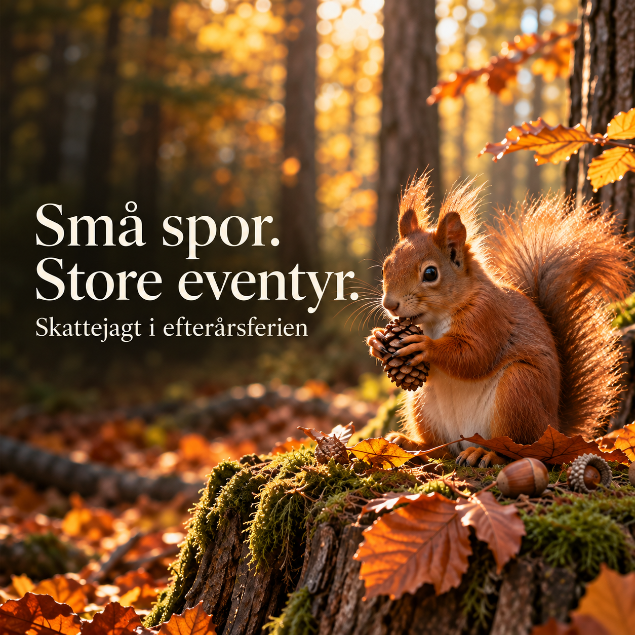 Egern med en kogle i en efterårsskov og teksten “Små spor. Store eventyr. Skattejagt i efterårsferien”.